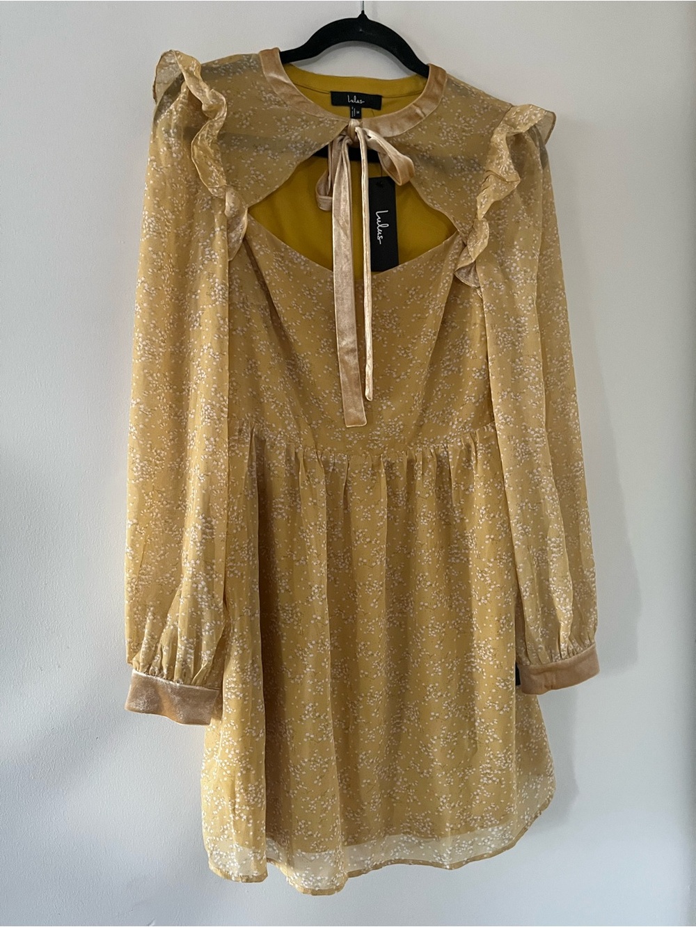 NWT Lulus Mustard Yellow Floral Ruffle Mini Dress Medium Cottagecore Romantic
